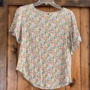 LOFT Pink and Green Asymmetrical Flutter Sleeve Blouse